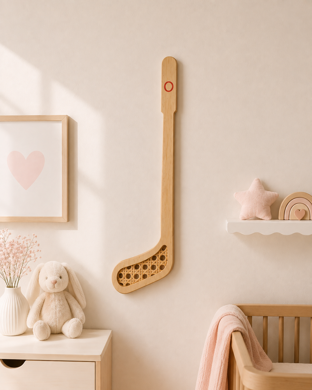 Stick de hockey decorativo con inicial en habitación infantil en tonos rosa