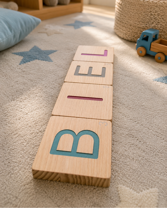 Fichas de letras de madera personalizadas con el nombre Biel en vertical sobre alfombra