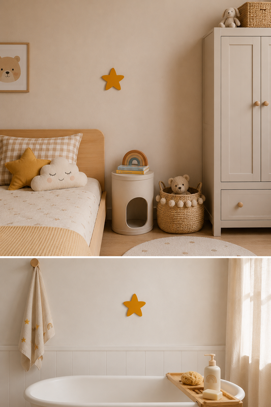 Estrella de pared de madera decorando habitación infantil y baño, ejemplos de colocación