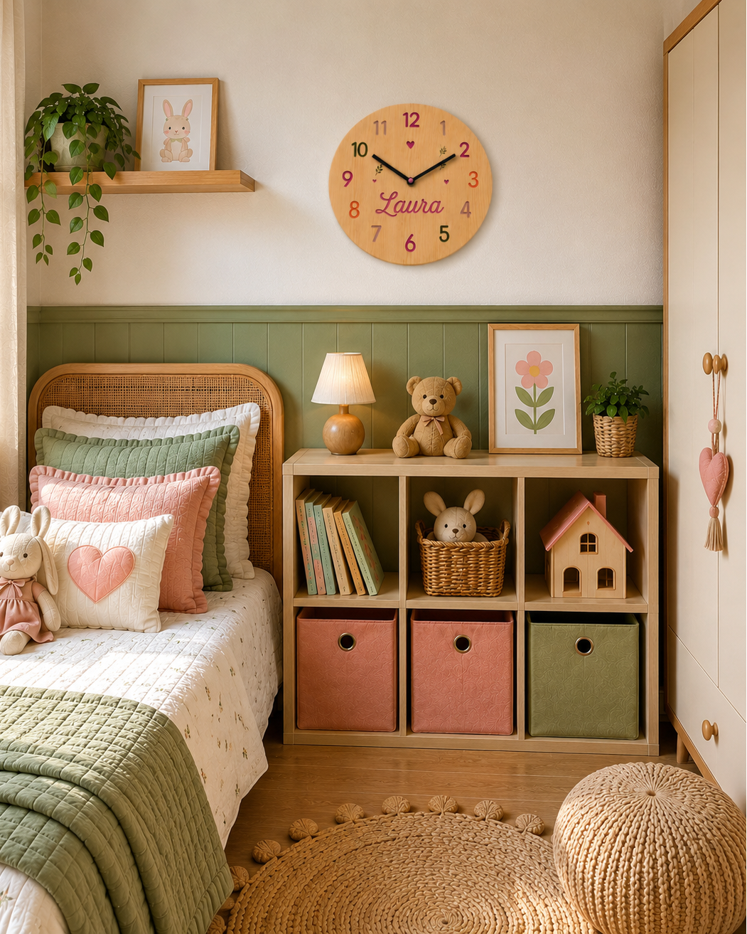 Reloj de madera personalizado con nombre en habitación infantil de tonos verdes y rosas