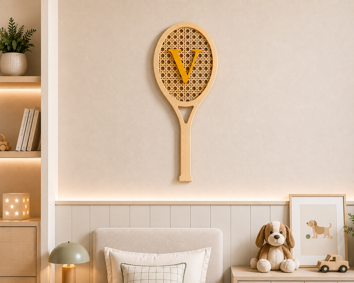Raqueta decorativa de ratán con inicial V colgada en pared de habitación infantil