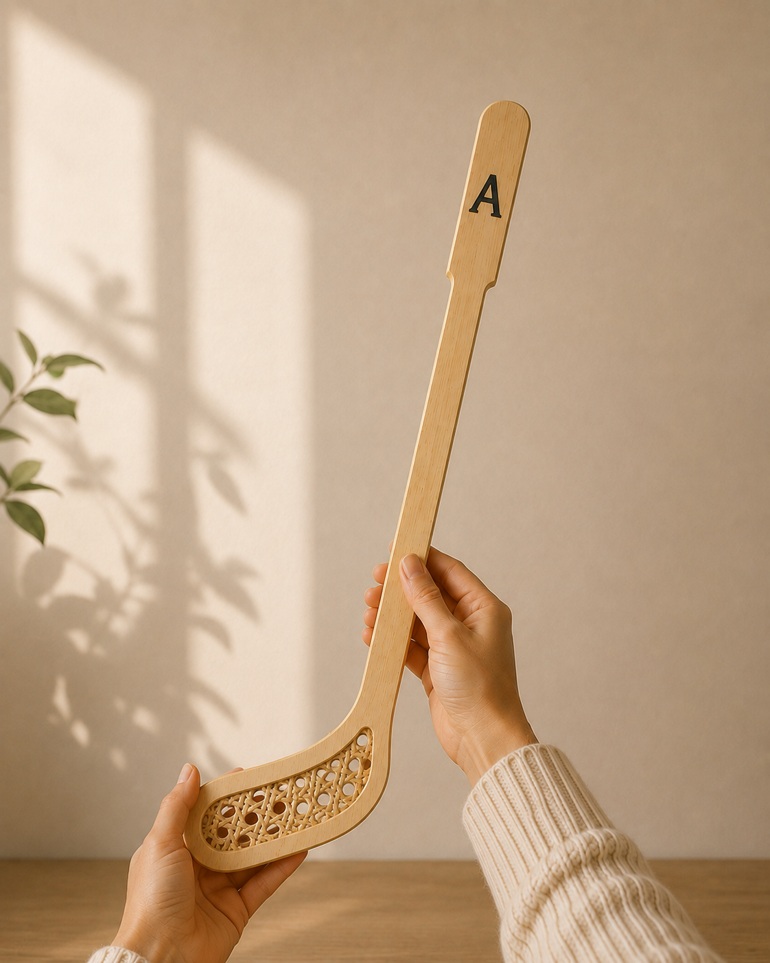 Stick de hockey de madera con rejilla de ratán e inicial A sostenido en la mano