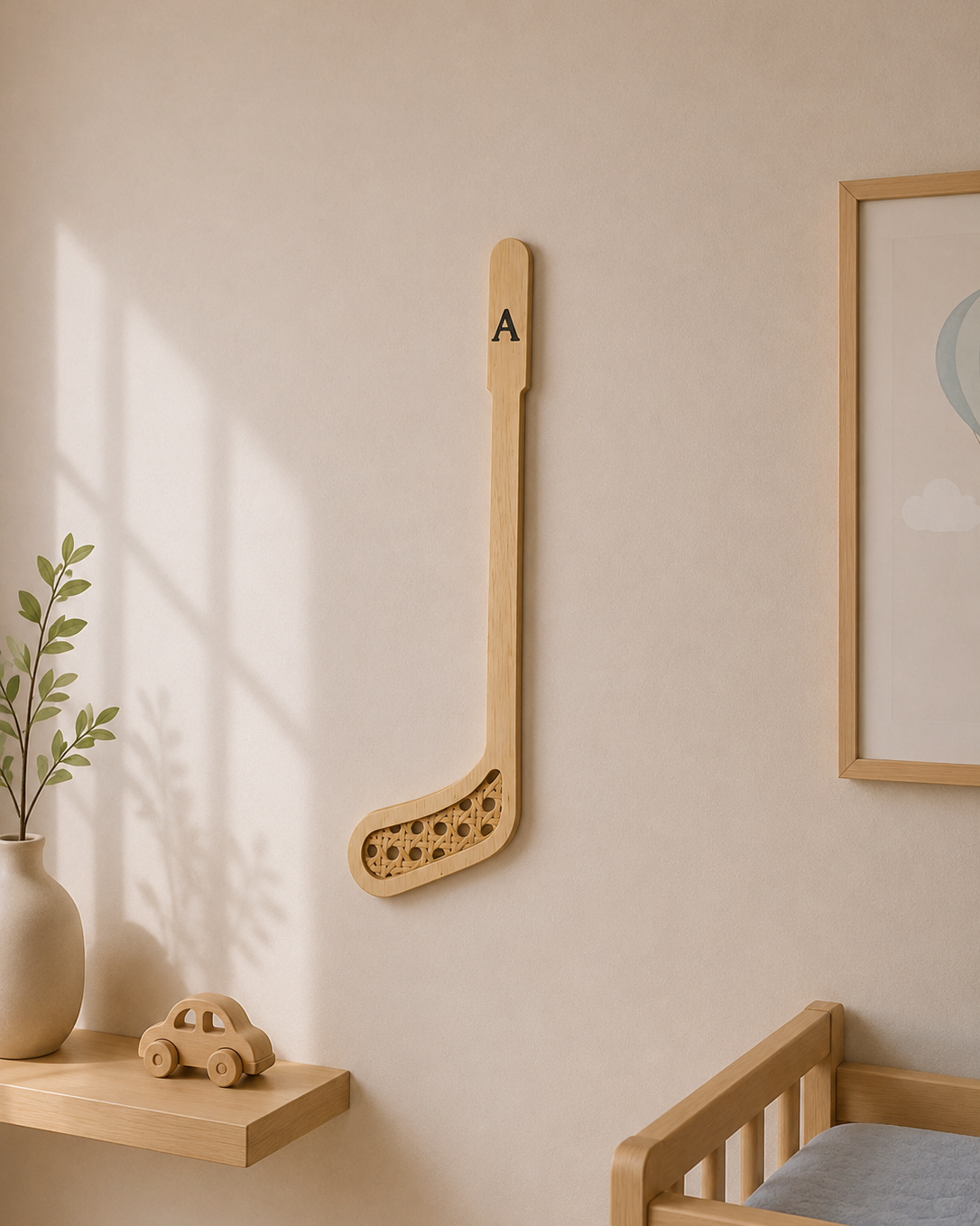 Stick de hockey decorativo de madera y ratán con inicial personalizada en pared infantil