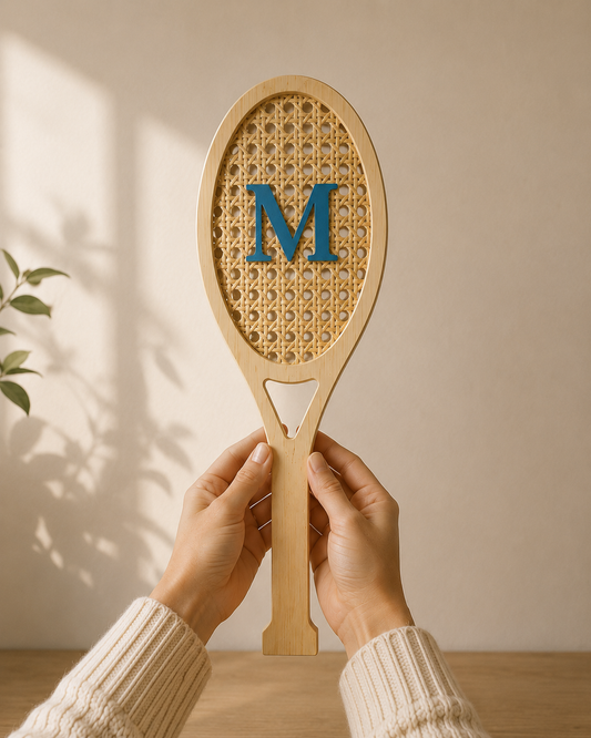 Marco raqueta de madera y rejilla de ratán personalizado con la inicial M en azul