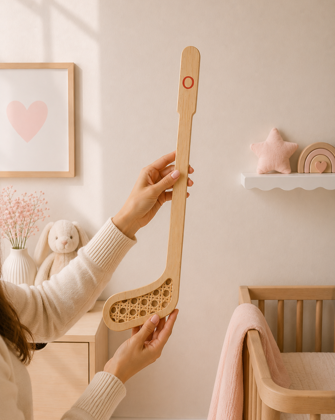 Colocando en la pared el stick de hockey de madera personalizado con inicial