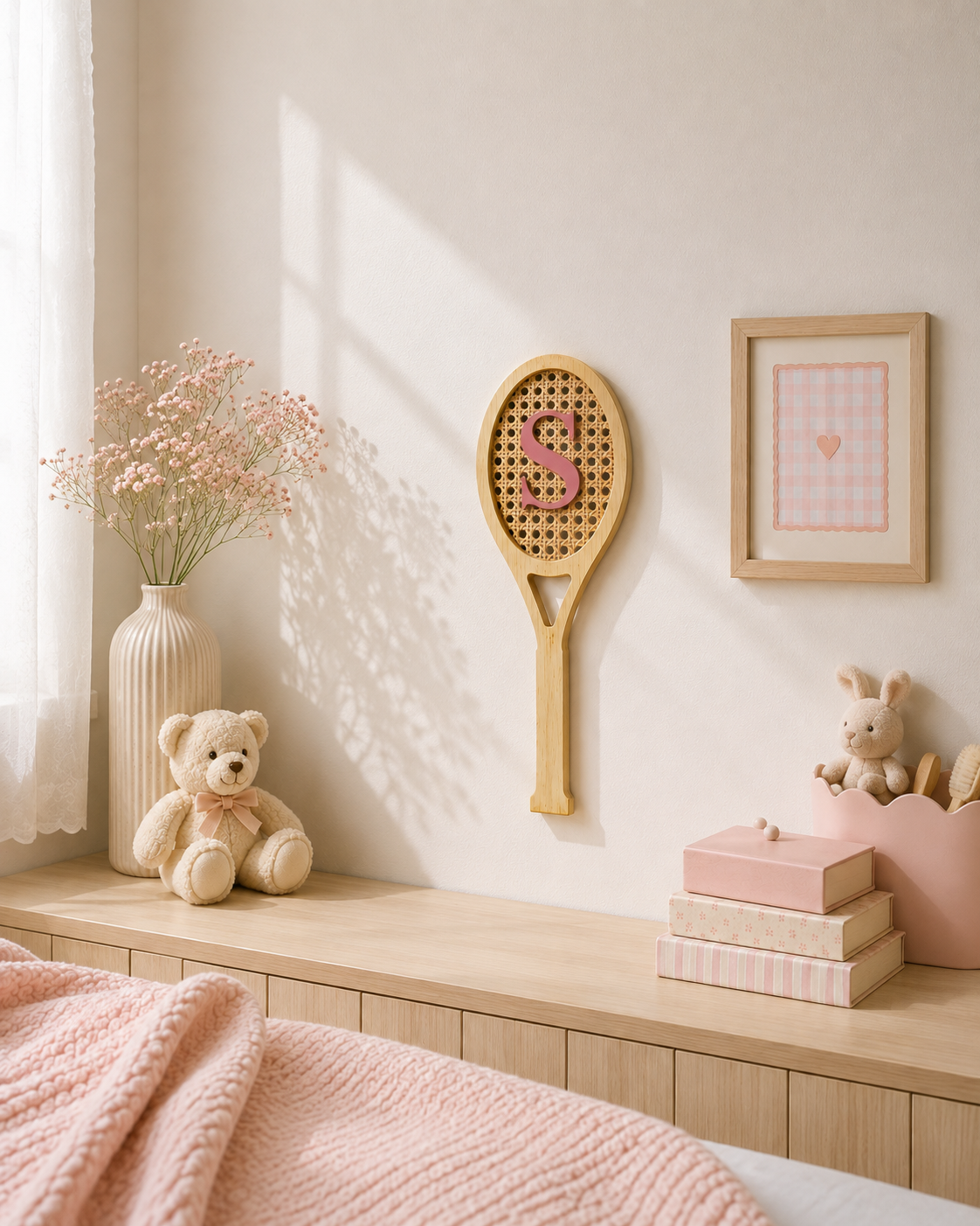 Marco raqueta de madera con inicial personalizada sobre banco en habitación de bebé