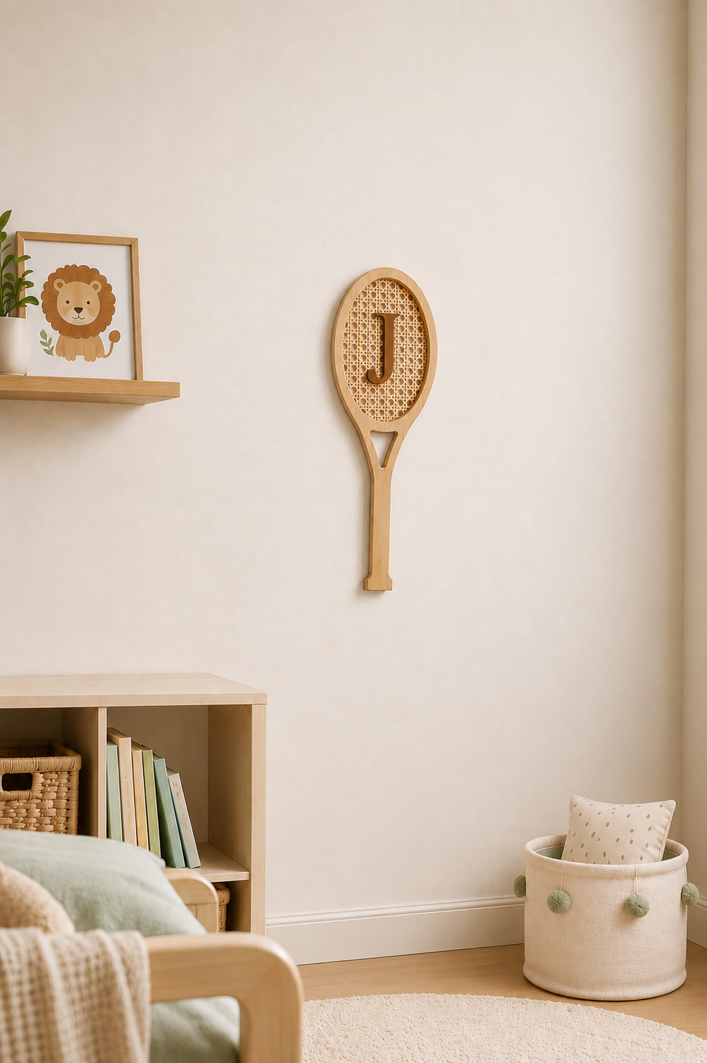 Raqueta de ratán con inicial J en pared de habitación infantil de estilo natural