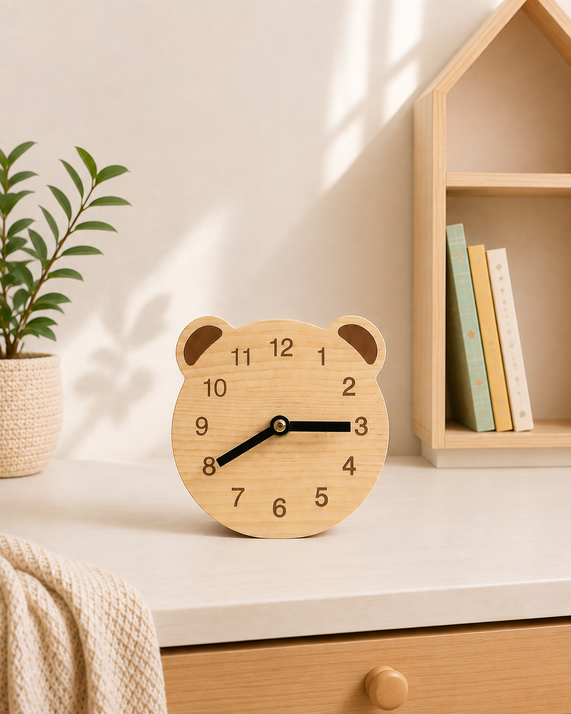 Reloj de sobremesa de madera natural con forma de osito sobre mesa infantil