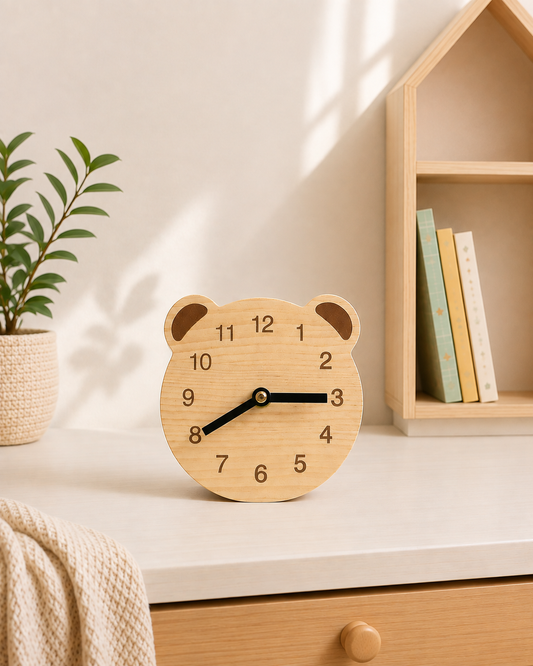 Reloj de sobremesa de madera natural con forma de osito sobre mesa infantil