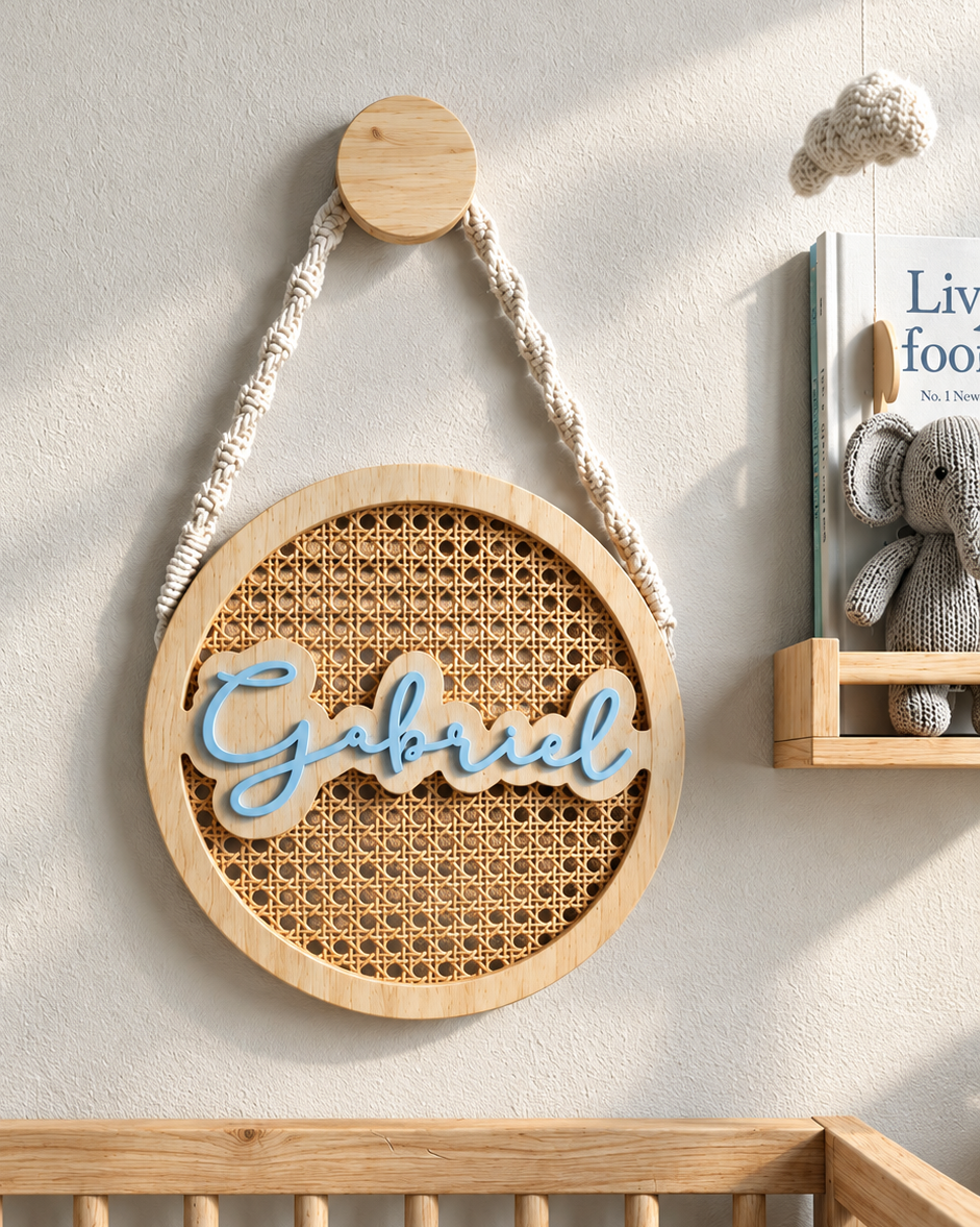 Placa redonda de ratán personalizada con el nombre Gabriel en azul, colgada con cordón de macramé