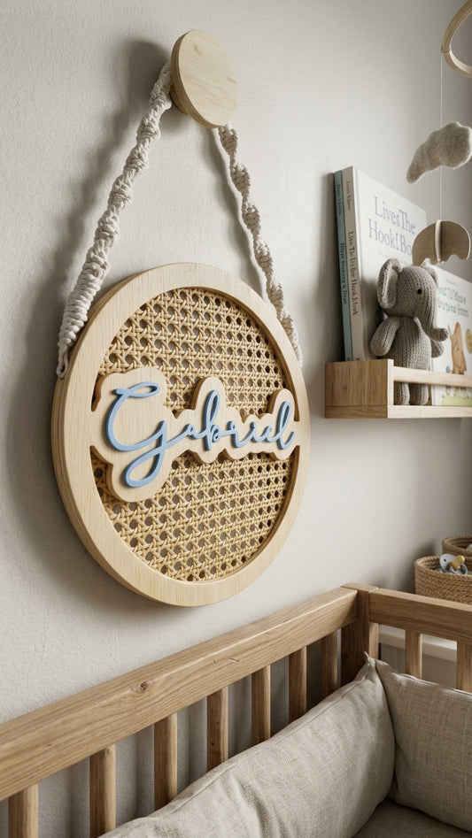 Placa de ratán con nombre Gabriel colgada sobre cuna en habitación de bebé